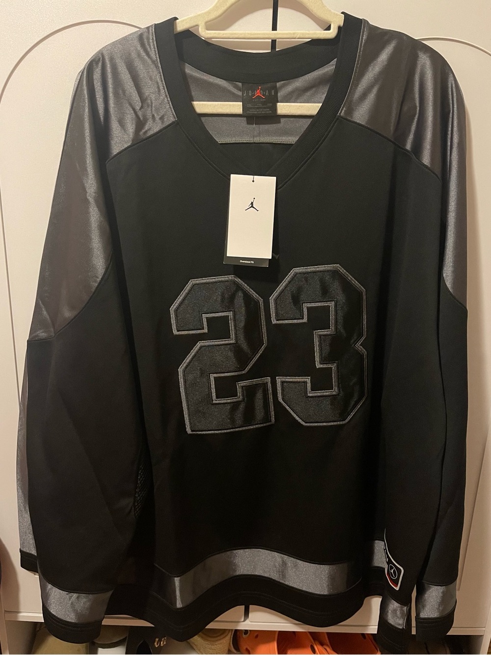 Jordan Menβs Black and Silver 23 Long-Sleeve Jersey